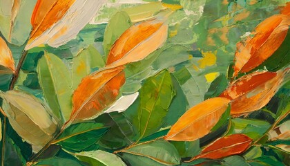 Wall Mural - closeup of abstract rough orange green organic autumnal fallen leaves or waves art painting texture with oil acrylic brushstroke pallet knife paint on canvas wallpaper