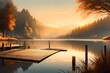 A tranquil and minimalist scene of a serene lake dock during golden hour, the perfect lighting casting warm reflections on the calm water