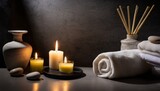 Fototapeta Desenie - moody picture of a zen inspired spa scene with candles on a dark background