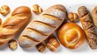 bread roll bakery variety high angle panorama banner cutout on white