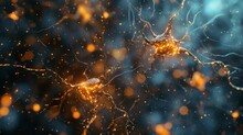 Neural Cells Featuring Luminescent Connections Resembling Knots. Glowing Neurons Within The Brain, Highlighted With A Focused Effect. The Transmission Of Electrical And Chemical Signals Between Synaps