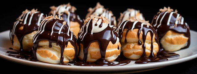 Homemade profiteroles covered with chocolate on a dark background