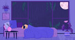 Dog sleeping in bed at night rainy 2D cartoon background. Sleepy puppy lifestyle colorful aesthetic vector illustration, nobody. Full moon nighttime window bedroom flat line wallpaper art, lofi image