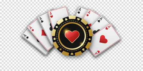 Wall Mural - Realistic playing chip with the suit of hearts, gambling tokens. Fans of playing cards ace of all suits. The concept of playing poker or casino. Vector illustration on a transparent bg.