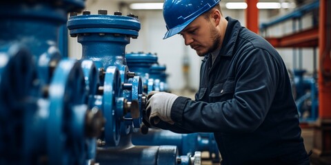 a laborer at a water facility examines valves and equipment for distributing pure water through pipe