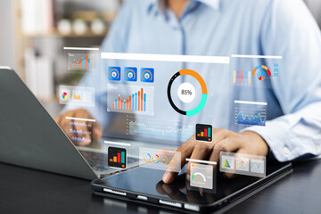 Fototapete - Analyst utilizing technology and dashboard with charts data science and Big Data technology for business, Strategic data management system with KPI organization performance with technology and metrics
