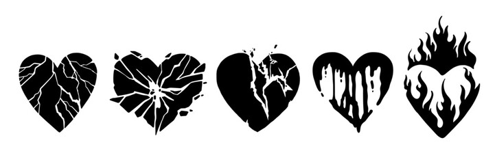 Broken heart gothic vector icon set, love sign rock gothic sticker, cracked grunge shapes, flame. Emo romance trendy print, y2k Valentine Day graffiti 90s art, breakup tattoo. Broken heart silhouette