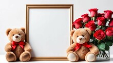 Valentine's Day. Background For February 14. A Pair Of Cute Teddy Bears With Gold Frame For Text. Place For Text. Awesome Brown Teddy Bears With Bow And Red Heart. Romantic Couple