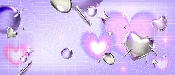 Y2k blur gradient heart background, vector love futuristic poster, trendy chrome 3D shapes grid. Abstract romantic aesthetic Valentine Day holiday banner, silver heart, 2000s party. Y2k background