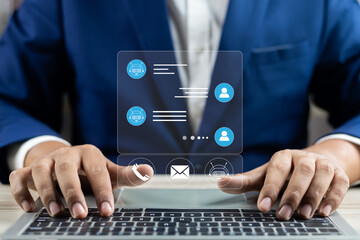 Aufkleber - Businessman using AI chatbot conversation assistant in app on device for virtual assistance and customer support digital communication, Contact us Online service with AI Chatbot for efficient support.