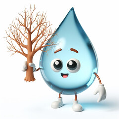 Sticker - Water drops funny cartoon with a dry tree. World Environmental Education Day. AI generated