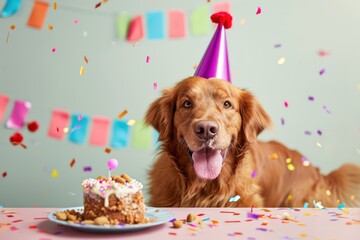 Wall Mural - Happy dog in a party hat celebrate Birthday