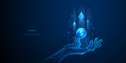Leinwandbilder - Technology Increase Revenue Concept. Money coins in a hand. Growth profit. Digital low poly wireframe vector illustration. Abstract polygonal stack of coins in a hand and arrows up on blue background.