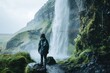 Majestic Iceland: A Traveler's Back View at the Edge of a Waterfall, Wearing a Rain Jacket Amid Mist, Capturing the Raw Beauty of Iceland's Natural Wonders.

