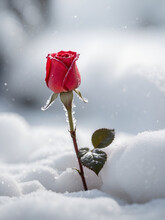 Red Rose Flower Petals Covered In Frost And Falling Snow Winter Nature Background With Copyspace
