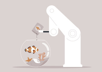 A robot delicately dispenses food to nourish a clown fish gracefully gliding within a round fish tank adorned with colorful corals and intricate sea shells, creating a serene underwater haven
