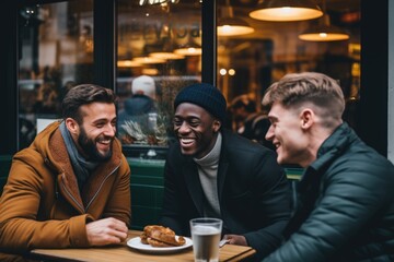 Wall Mural - Smiling diverse age group of men sitting in cafe