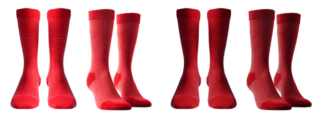 2 Set of cherry red maroon, front side view blank plain socks on transparent background, PNG file. Mockup template for artwork design