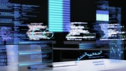 Computer screen, cybersecurity and coding background for server update, data protection and hacking safety at night. Monitor of analytics, programming or information technology for software algorithm