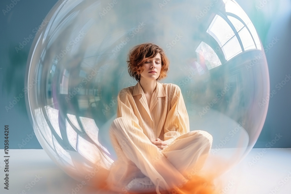 Reclusive Introvert Stock-Foto „Woman inside a big soap bubble, introvert, loner, living in ...