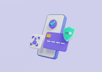 Credit card with shield protection and Identification icon on mobile phone. Payment protection concept. Secure credit card transaction, mobile payment, finance, mobile banking. 3d render illustration