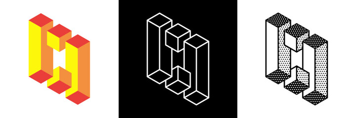 Abstract minimal shape. Isolated geometric designs. Impossible shape. Optical illusion. Vector illustration.