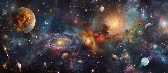 Wall Mural - stunning galaxy filled with various celestial bodies like asteroids, planets, and nebulae
