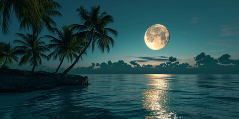 Wall Mural - full moon illuminating a tropical archipelago, silhouettes of palm trees, calm ocean waters reflecting moonlight