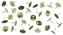 Falling Metal Push Pins Isolated On Transparent And White Background. Office Concept. 3D Render