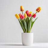 Fototapeta Tulipany - tulips flowers in white pot is tall on white background. ai generative