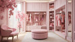 Luxury wardrobe in pink tones, stylish clothes organised on shelves in a large walk-in closet interior.