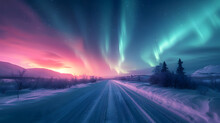 A Snowy Landscape, With Surreal Neon Auroras And Pastel Skies, During A Mystical Night, Capturing The Psychic Waves Mood Of Escapism And Surrealism