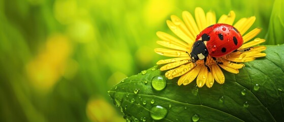 Poster -  a ladybug sitting on top of a yellow flower on a green leaf with drops of water on it.