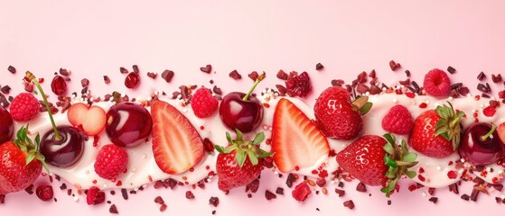 Sticker -  strawberries, raspberries, and strawberries are arranged in the shape of a border on a pink background.