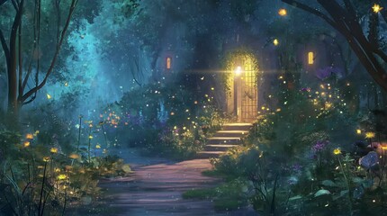 Wall Mural - Enchanted forest pathway leading to mystical gate. Fantasy landscape.