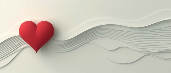 Canvas Print -  a red heart hanging from the side of a white wall with wavy lines and a wavy wave in the background.