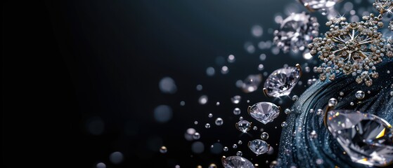  a close up of a bunch of diamonds on a black background with drops of water on the bottom of the image.