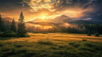 Sticker -  a grassy field with trees and a mountain in the background with the sun shining through the clouds in the distance.