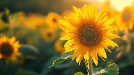 Sticker -  a sunflower in a field of sunflowers with the sun shining through the leaves and the sun in the background.