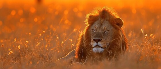 Poster -  a close up of a lion in a field of tall grass with the sun shining on it's face.