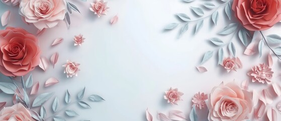 Wall Mural -  a close up of a bunch of pink flowers on a blue and white background with leaves and flowers on it.
