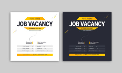 Job vacancy social media banner design template. Recruitment notice poster illustration. Square size