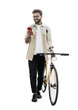 Young handsome man with bike and smartphone isolated transparent PNG, Full length portrait of smiling student man with bicycle looking at mobile phone, Lifestyle, travel, casual business concept