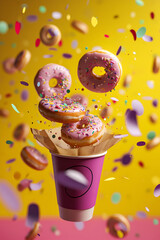 Wall Mural - Donuts with a cup of coffee on a bright yellow background