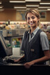 © tiena - Young smiling woman supermarket worker. AI generative