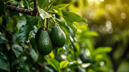 Green organic avocado ripens on a tree in an orchard.