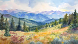 Fototapeta Fototapety z naturą - A watercolor landscape of mountains and trees in summer