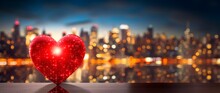 Valentine's Day Red Heart On Top Of A Table, With Blurred Cityscape On The Background, Horizontal Banner, Copy Space For Text