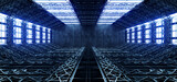Fototapeta Przestrzenne - Sci Fi Futuristic Garage Bright Lights Huge Warehouse Tunnel Corridor Metal Construction Underground Studio Showroom Hangar Cyber Background 3D Rendering