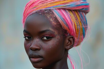 Wall Mural - African american girl with bubbling neon hair weaving.